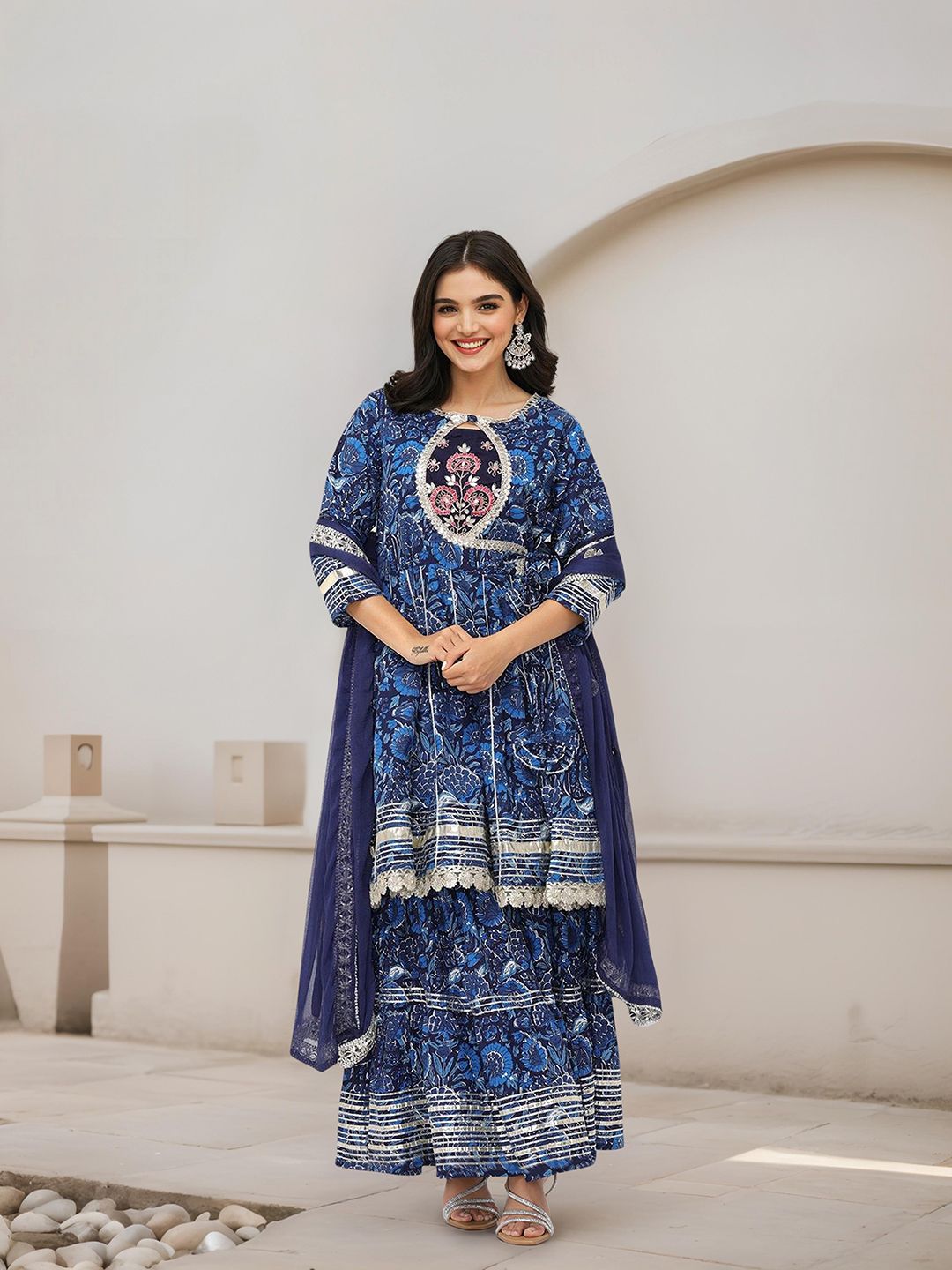 Dhiyona IS Women's Floral Printed A-Line Pure Cotton Gotta Patti Kurta with Sharara & Dupatta