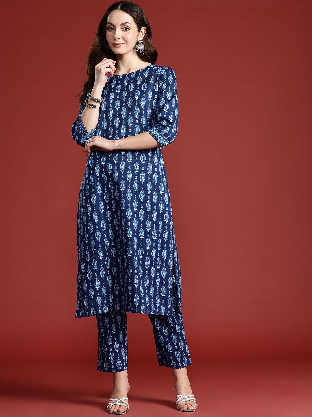 Dhiyona IE Ethnic Motifs Printed Pure Cotton Kurta with Trousers