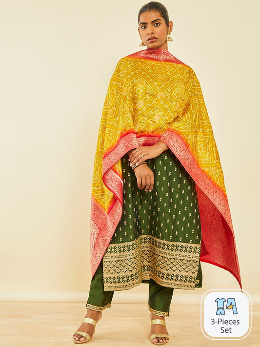 Dhiyona SO Women's Ethnic Motifs Embroidered Sequinned Chanderi Silk Straight Kurta Set