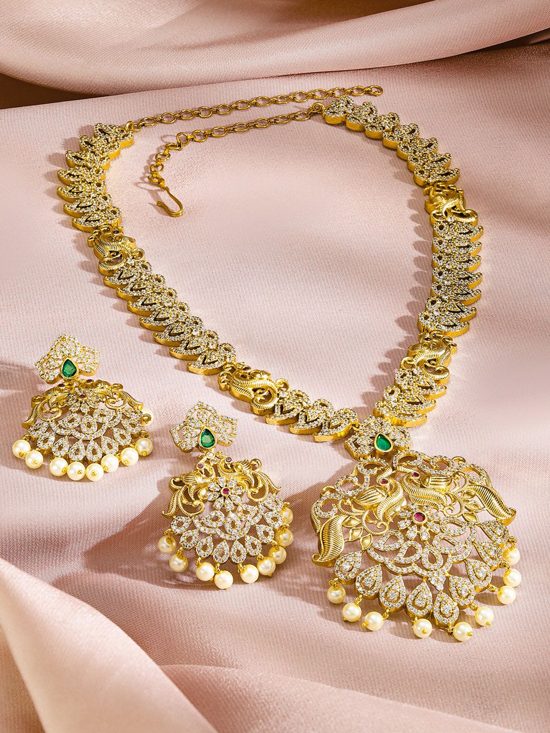 Dhiyona RJ Women's 24K Gold Plated Emerald Ruby & Cubic Zirconia Studded Pearl Drop Jewelry Set