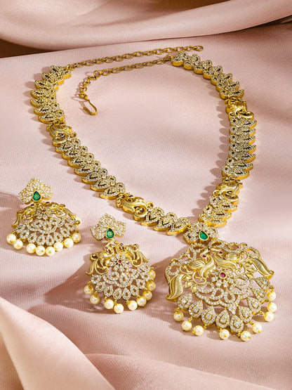 Dhiyona RJ Women's 24K Gold Plated Emerald Ruby & Cubic Zirconia Studded Pearl Drop Jewelry Set