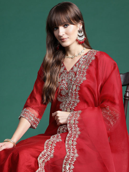 Dhiyona IE Ethnic Motifs Embroidered Regular Liva Kurta With Trousers & Dupatta
