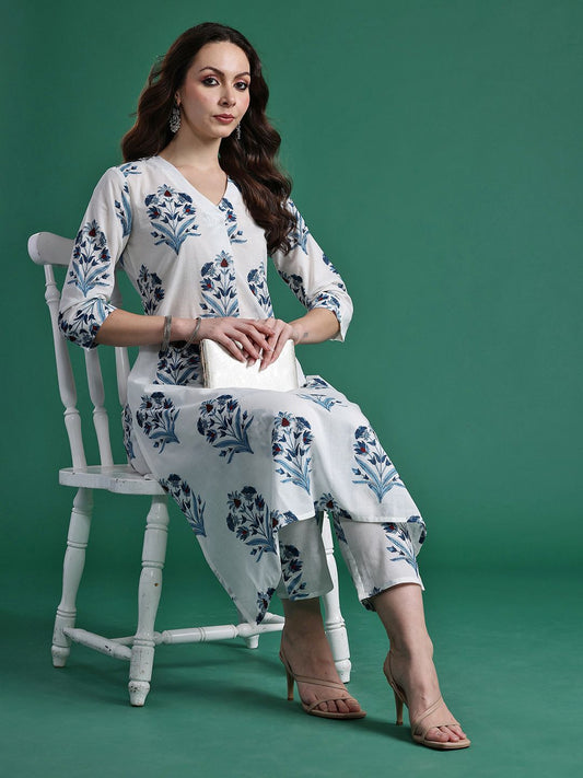 Floral Printed Pure Cotton Kurta with Trousers
