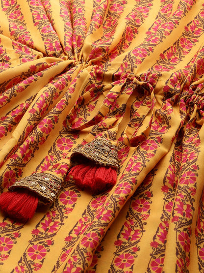 Dhiyona VA Women's Mustard Yellow & Pink Ethnic Motifs Printed Pure Cotton Kurta with Trousers