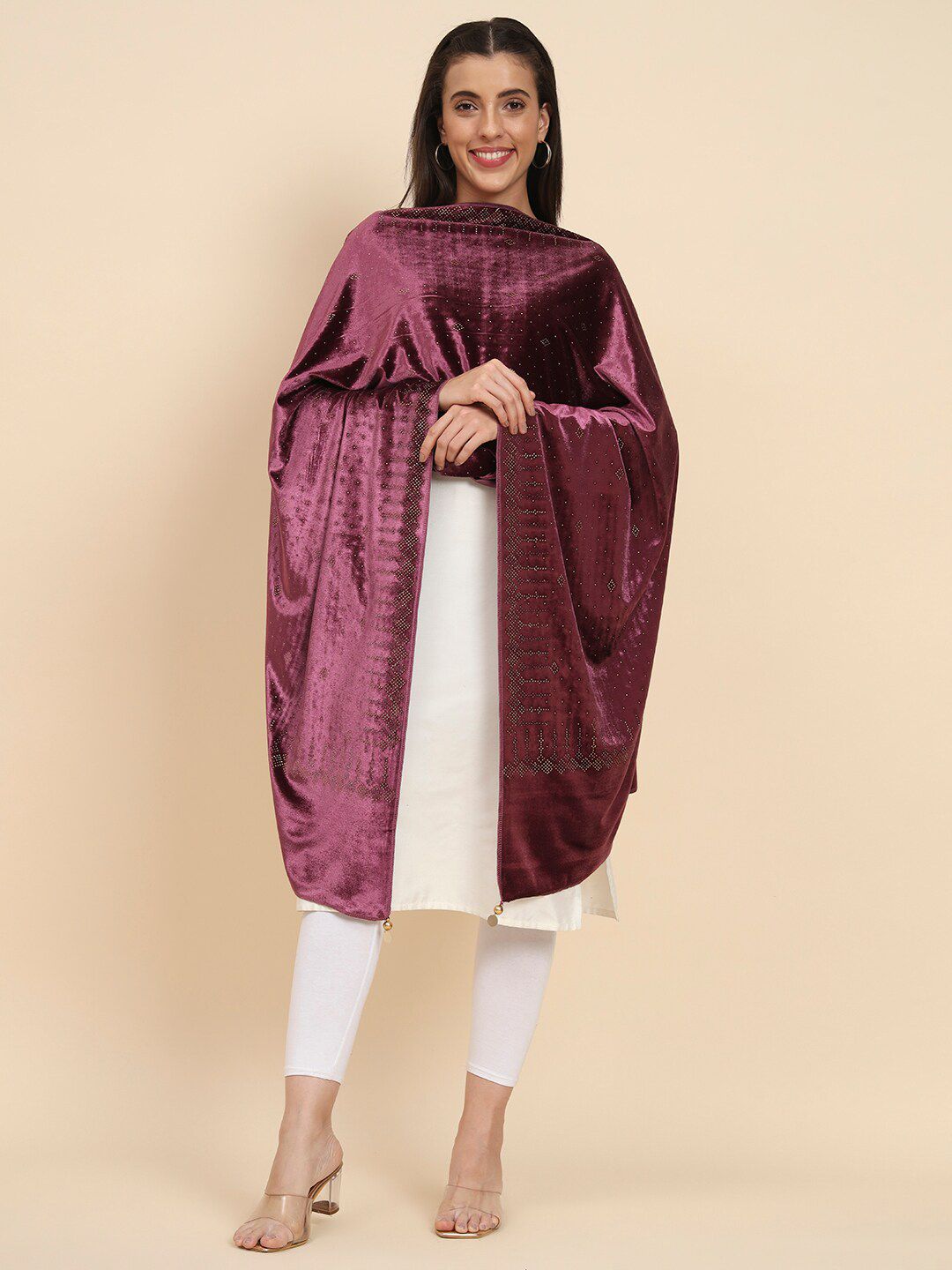 Dhiyona PA Embellished Beads & Stones Velvet Shawl