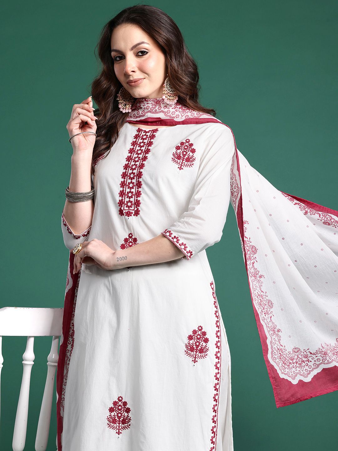 Floral Embroidered Kurta with Trousers & Dupatta