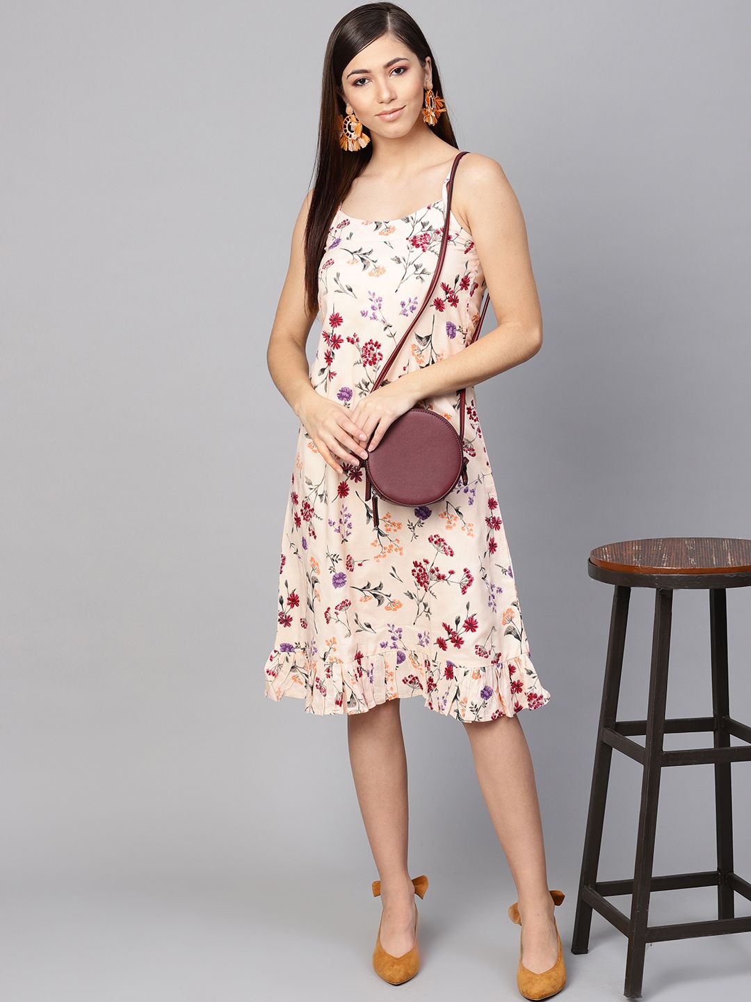 Dhiyona AY Women's Peach-Coloured & Purple Floral Printed A-Line Dress