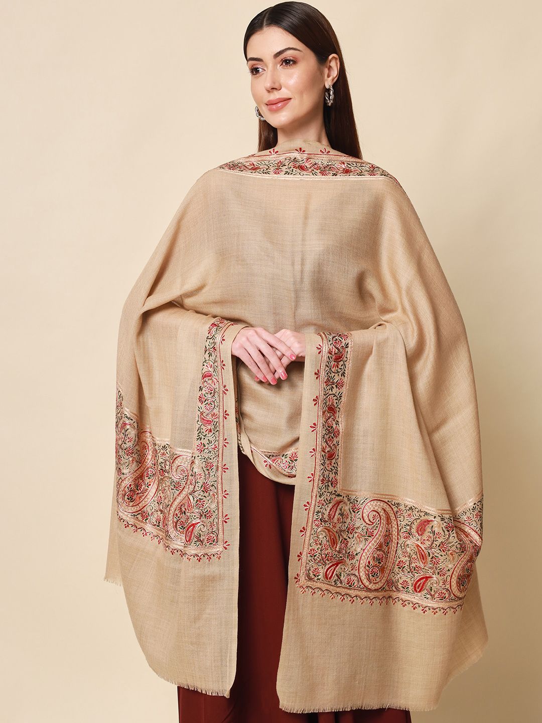 Dhiyona PA Women Beige Embroidered Pure Wool Shawl