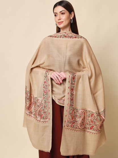 Dhiyona PA Women Beige Embroidered Pure Wool Shawl