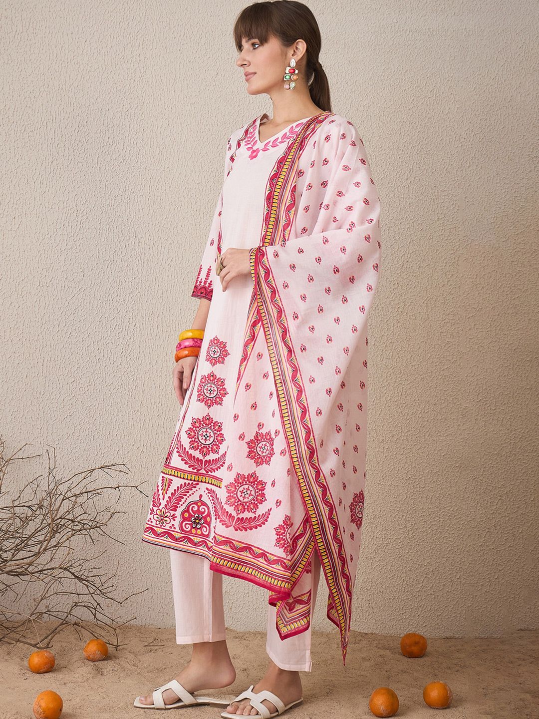 Dhiyona IE Floral Printed V-Neck Pure Cotton Straight Kurta With Trousers & Dupatta
