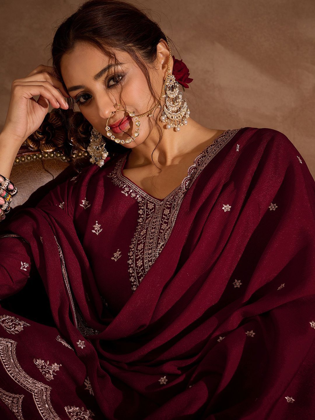 Dhiyona IE Ethnic Motifs Embroidered Sequinned Straight Kurta With Sharara And Dupatta