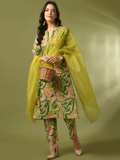 Dhiyona SN Women's Floral Printed Cotton Straight Kurta With Trousers & Duppatta
