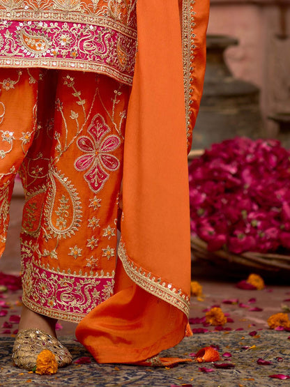 Dhiyona IE Floral Embroidered Sequinned Chinon Straight Kurta With Trousers & Dupatta