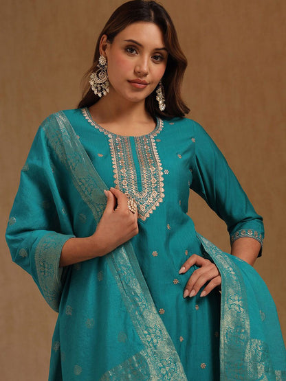 Dhiyona SO Women's Ethnic Motifs Embroidered Round Neck Straight Kurta With Palazzo & Dupatta