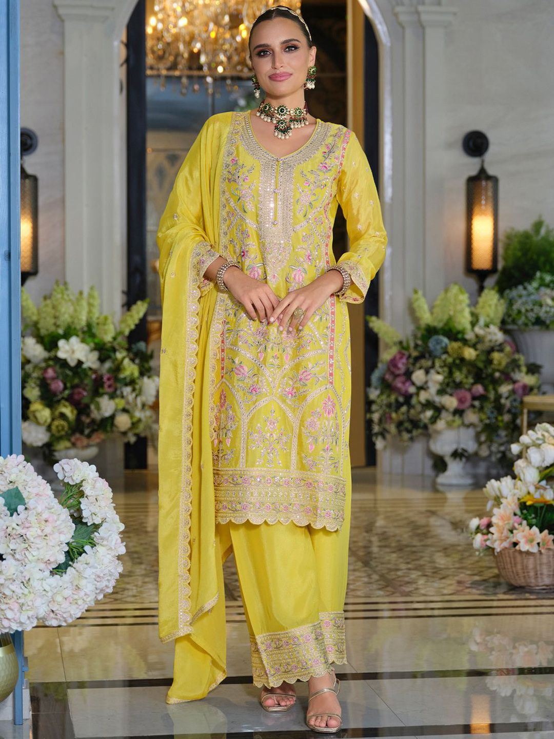 Adults-Women Woven Design Embroidered Kurta with Palazzos & Dupatta