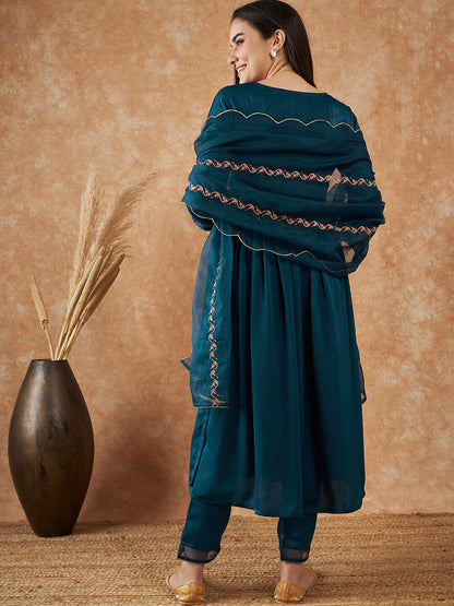 Dhiyona SN Women's Embroidered Empire Velvet Kurta With Trousers & Dupatta