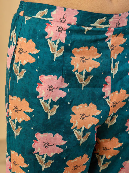 Women Floral Printed Pleated Mirror Work Pure Cotton Kurta & Trousers