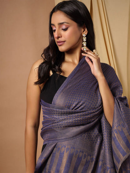 Dhiyona PA Women Navy Blue & Beige Woven-Design Woolen Shawl