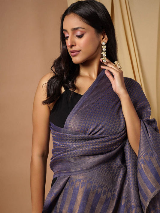 Dhiyona PA Women Navy Blue & Beige Woven-Design Woolen Shawl