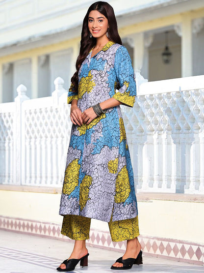 Dhiyona VA Women'sBlue Abstract Printed Cuban Collar Straight Kurta With Trousers