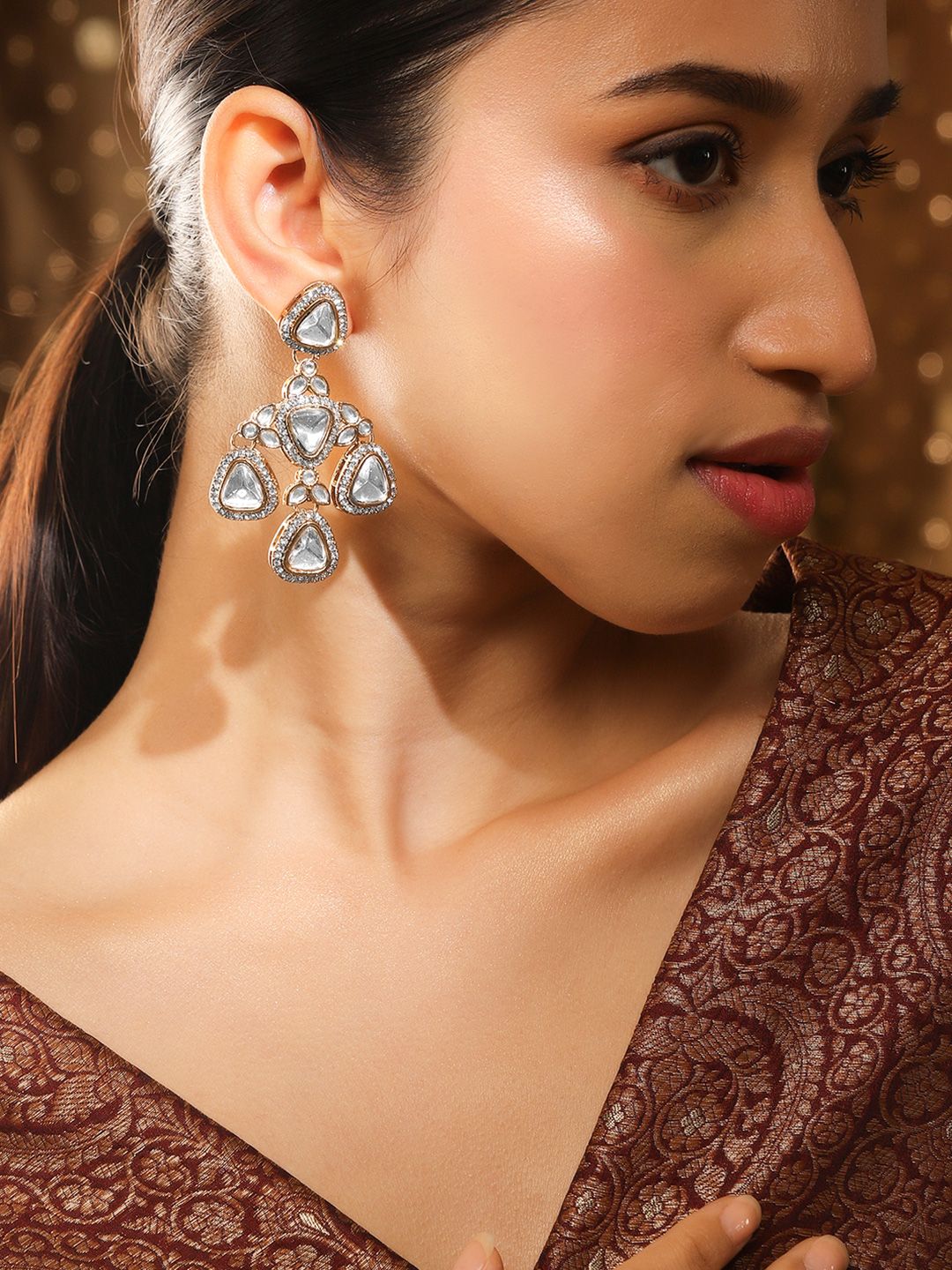 Dhiyona RJ Women's 22K Gold-Plated White & Clear Stone & Cubic Zirconia Studded Chandelier Earrings