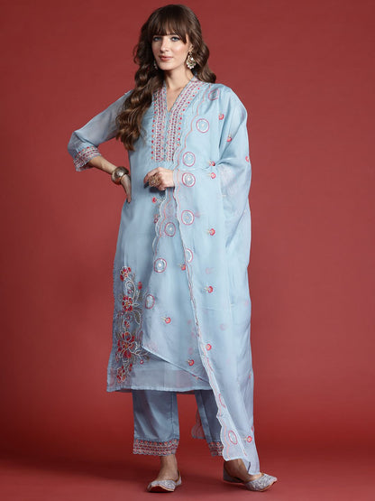 Dhiyona IE Floral Embroidered Sequinned Kurta with Trousers & With Dupatta