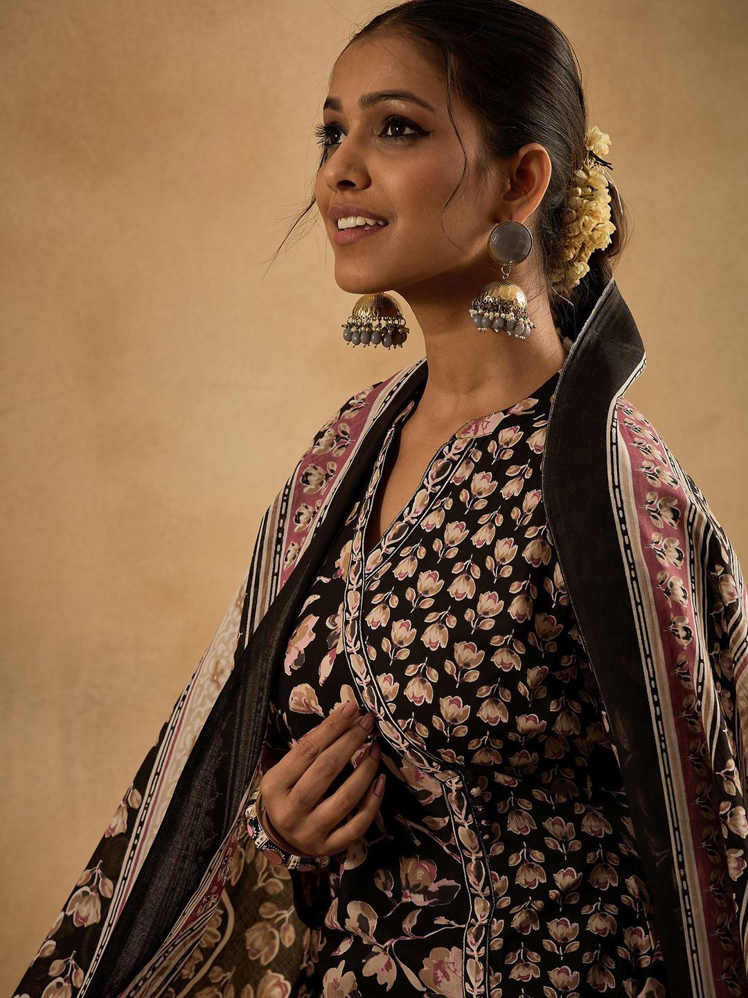 Dhiyona IE Floral Printed Angrakha Pure Cotton A-Line Kurta With Trousers & Dupatta
