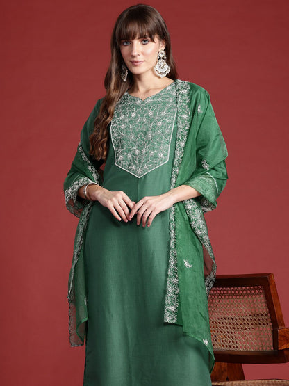 Ethnic Motifs Embroidered Aari Work Kurta with Trousers & Dupatta