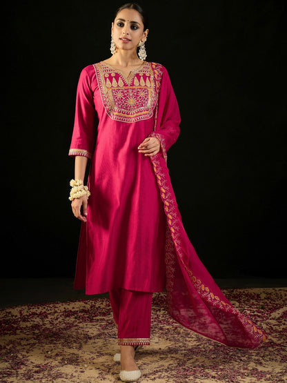 Dhiyona IE Notched Neck Ethnic Embroidered Sequinned Liva Kurta with Trouser & Dupatta
