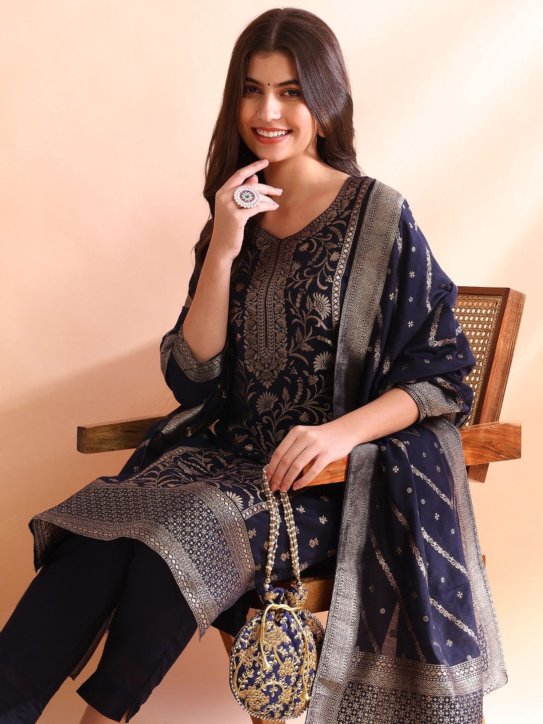 Dhiyona PD Women Women Chanderi Woven Design Straight Kurta Trousers With Dupatta