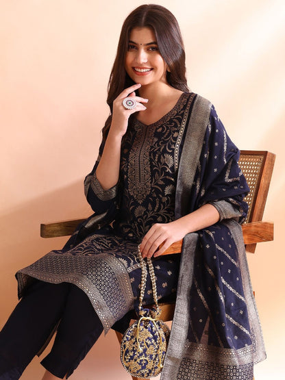 Dhiyona PD Women Women Chanderi Woven Design Straight Kurta Trousers With Dupatta