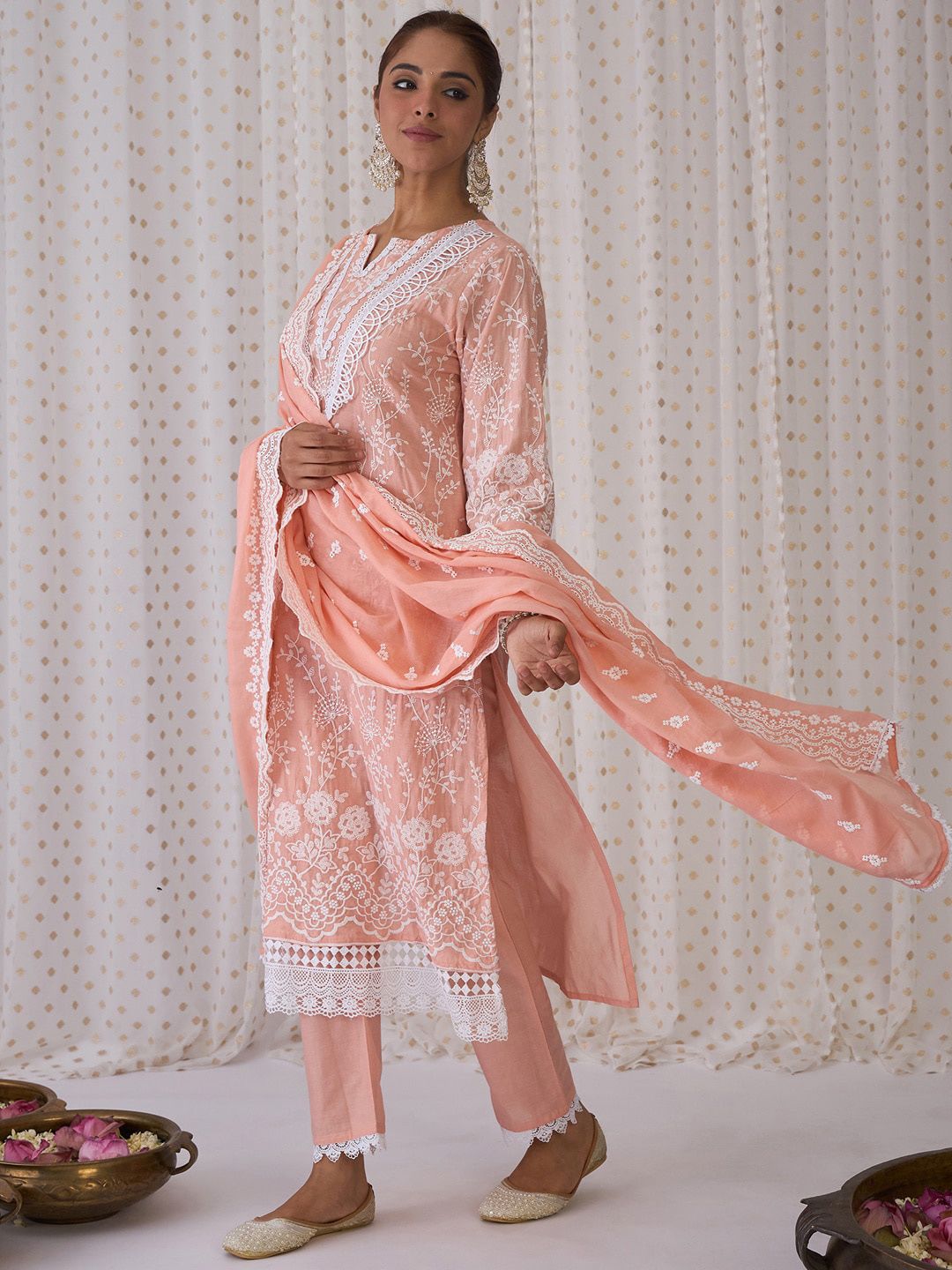 Floral Embroidered Notched Neck Cotton Straight Kurta with Trousers & Dupatta