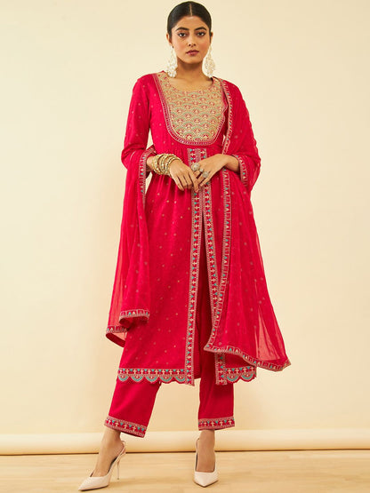Dhiyona SO Women's Alina Cut Fuchsia Ethnic Motifs Embroidered Pleated Sequinned Kurta With Trousers & Dupatta