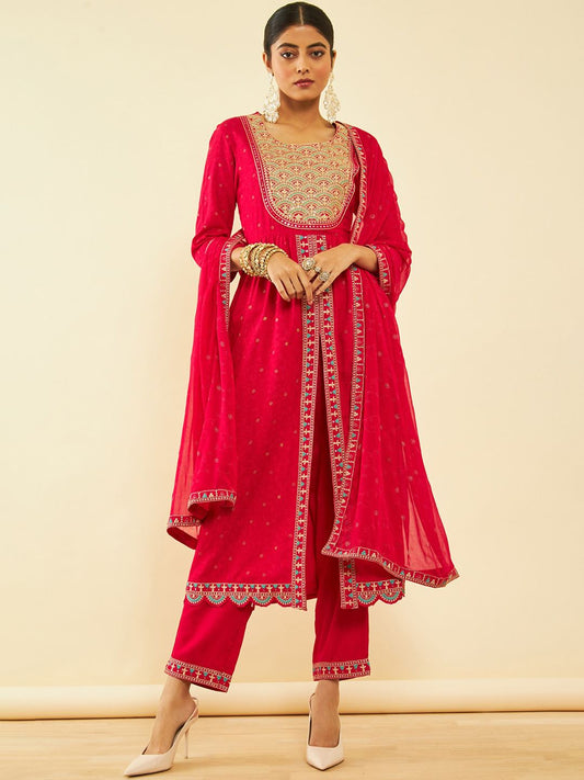 Dhiyona SO Women's Alina Cut Fuchsia Ethnic Motifs Embroidered Pleated Sequinned Kurta With Trousers & Dupatta