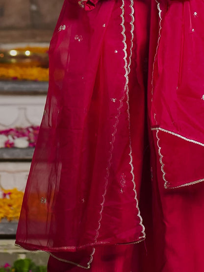 Embroidered Sequinned Straight Kurta With Trousers & Dupatta