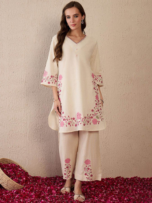 Dhiyona IE Women Floral Embroidered Regular Thread Work Pure Cotton Kurta with Palazzos