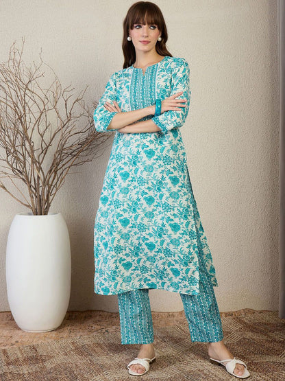 Floral Printed Straight Kurta With Trousers & Dupatta
