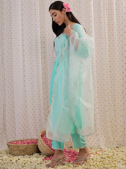 Floral Embroidered Sequinned Straight Kurta With Trousers & Dupatta