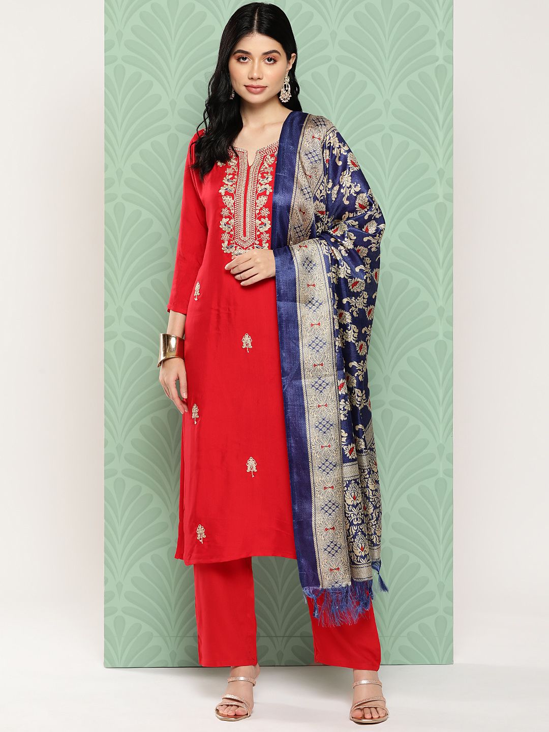 Dhiyona VA Women's Floral Yoke Design Regular Kurta with Trousers & With Dupatta