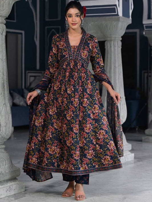 Dhiyona VA Women'sFloral Printed & Sequinned Pure Cotton Anarkali Kurta With Trouser & Dupatta