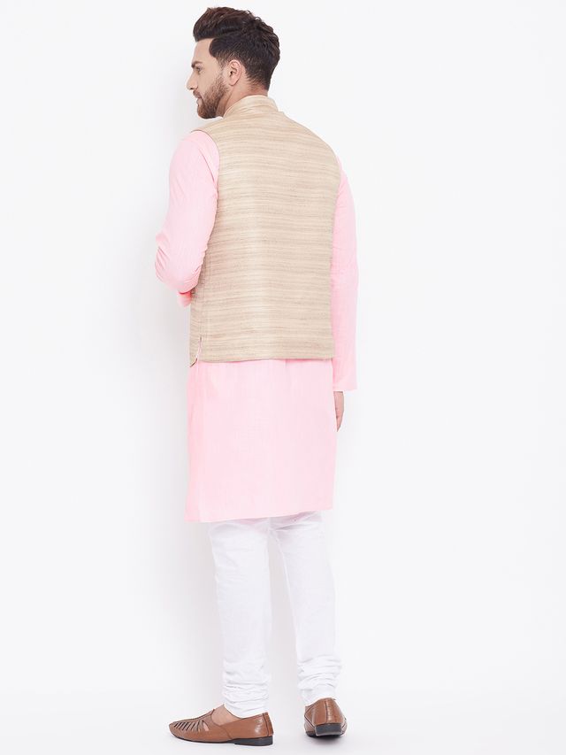 Men's Pink Cotton Blend Straight Jacket  Kurta and Pyjama Set