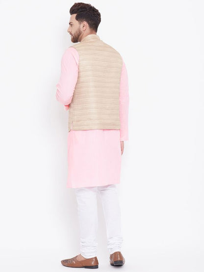 Men's Pink Cotton Blend Straight Jacket  Kurta and Pyjama Set