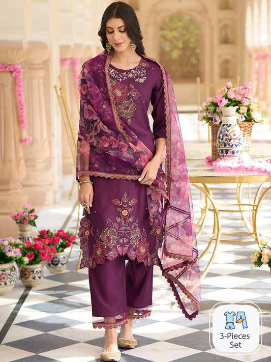 Dhiyona IE Floral Embroidered Regular Thread Work Kurta With Trousers & Dupatta