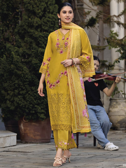 Dhiyona VA Women'sFloral Embroidered Thread Work Pure Cotton Straight Kurta With Trousers & Dupatta