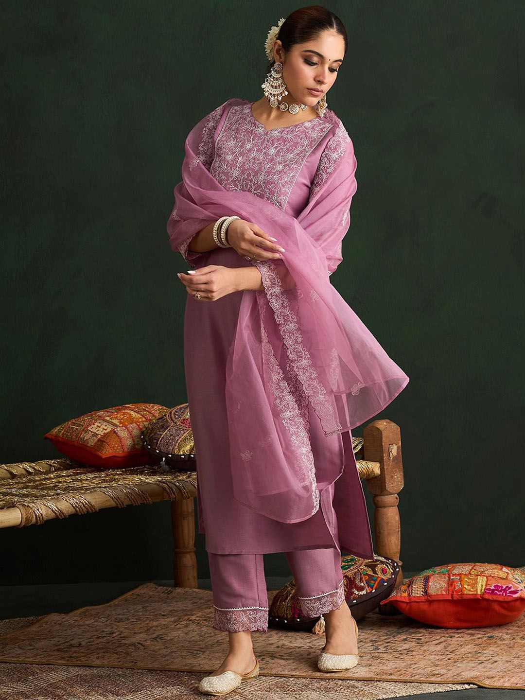 Ethnic Motifs Embroidered Thread Work Kurta With Trousers & Dupatta