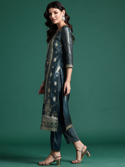 Dhiyona IE Ethnic Motifs Jacquard Zari Kurta With Trousers & Dupatta