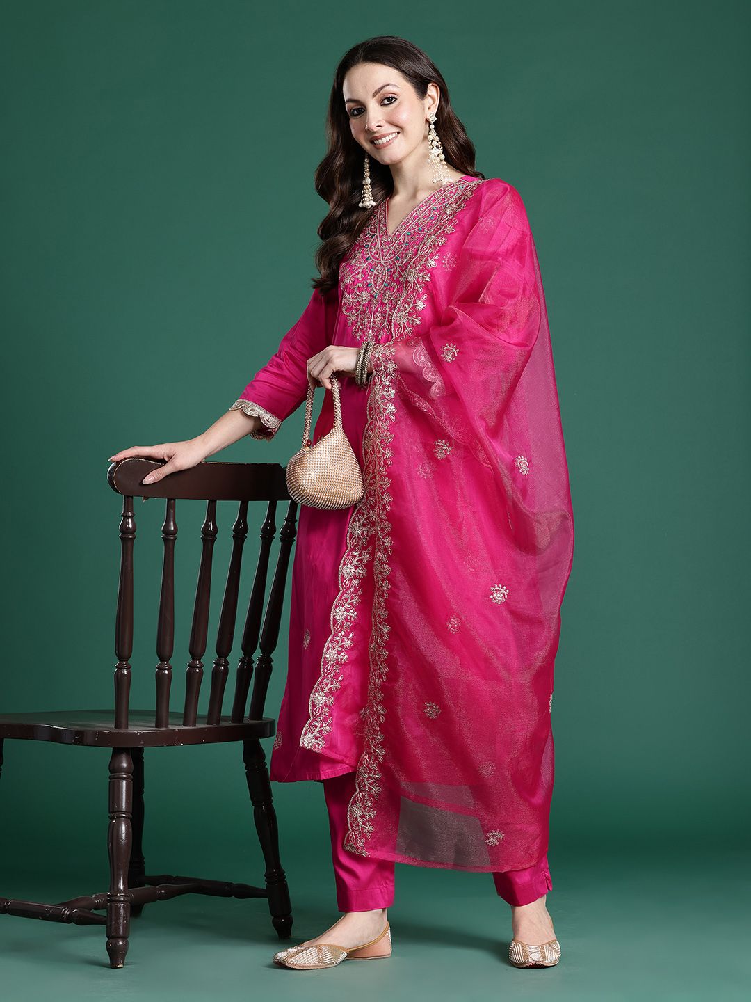 Dhiyona IE Ethnic Motifs Embroidered Sequinned Kurta with Trousers & With Dupatta