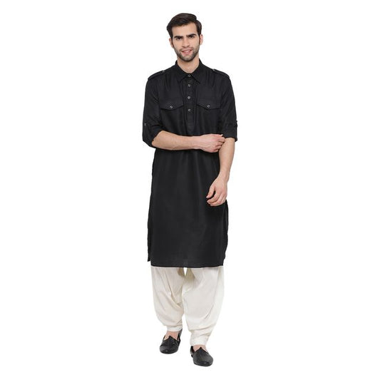 Men's Black Cotton Blend Pathani Pathani Kurta Set