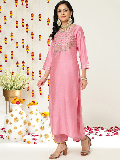 Dhiyona VA Women'sZari And Thread Work Embroidered Yoke Silk Kurta & Trousers With Dupatta