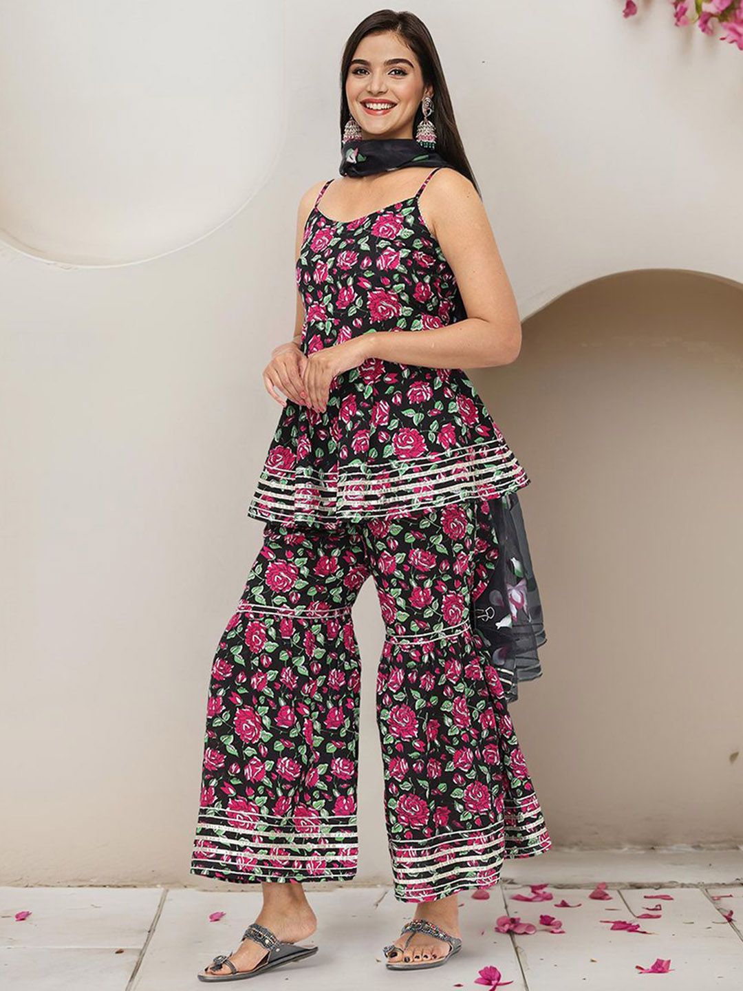 Dhiyona IS Women's Floral Printed Gotta Patti Pure Cotton Kurti with Sharara & Dupatta
